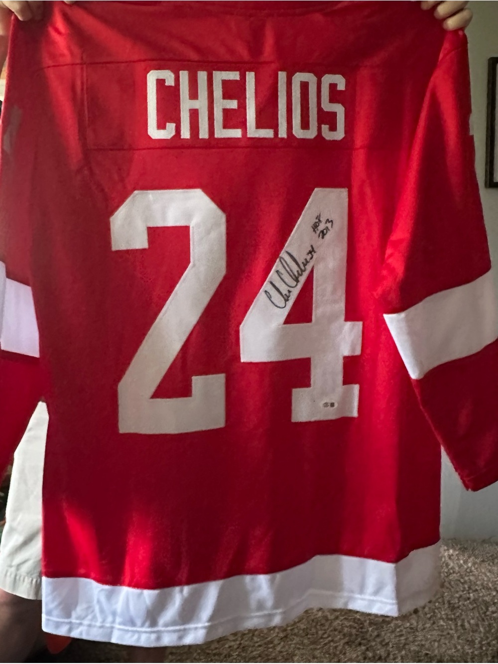 CHRIS CHELIOS  DETROIT RED WINGS SIGNED JERSEY # 24 LEAF AUTHENTIC TAG -HOF 2013